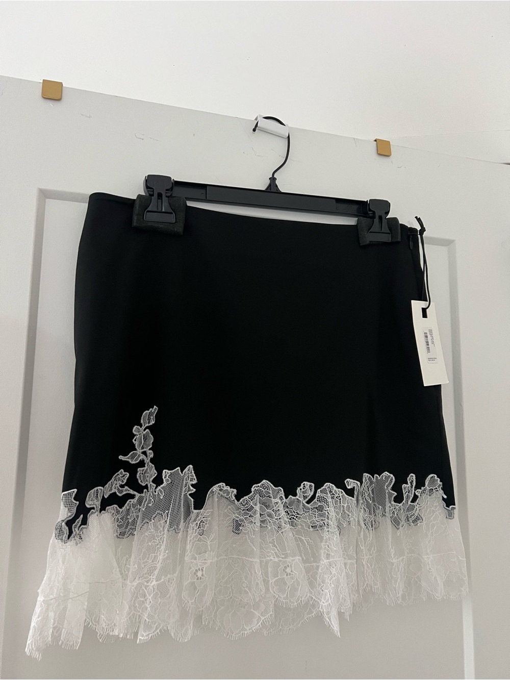NWT STAUD Nadia Mini Skirt | Size M | Black Mini Skirt with White Lace Hem